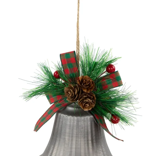 Online Bells with Pine Sprigs and Plaid Bow Christmas Ornaments - 7" - Silver - Set of 2 Finials|Pendants