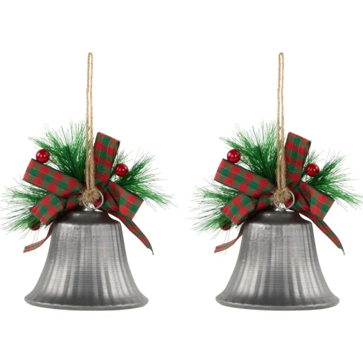 Online Bells with Pine Sprigs and Plaid Bow Christmas Ornaments - 7" - Silver - Set of 2 Finials|Pendants