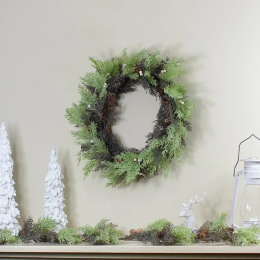 Sale Berry, Cedar and Pine Cone Artificial Christmas Wreath - 24-Inch, Unlit Unlit