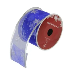 Online Blue and Silver Glitter Snowflakes Christmas Wired Craft Ribbon 2.5" x 10 Yards Ribbons & Bows