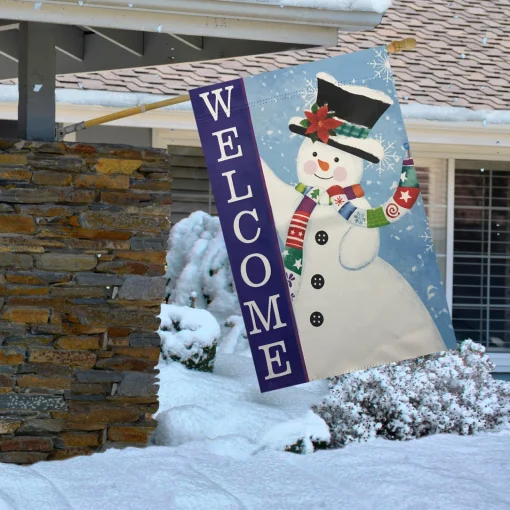 Blue and White Happy Snowman Welcome Outdoor House Flag 28" x 40" Yard Signs