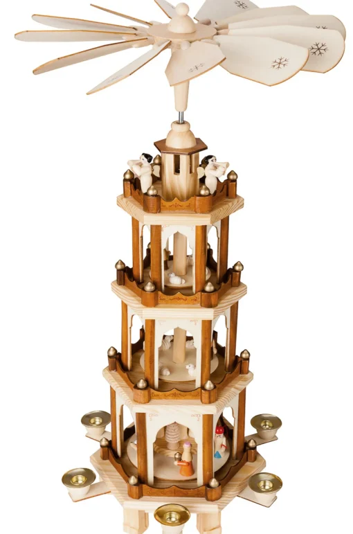 Best Christmas Pyramid - 24 Inches - 4 Tier Carousel with 6 Candle Holders and Hand Painted Figurines - Designed in Germany Candle Holders