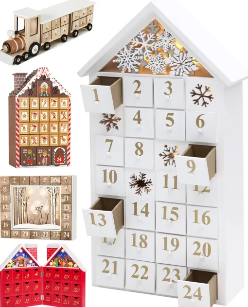 Online Reusable Wooden Advent Calendar to Fill - White Snow House with LED Lighting - DIY Christmas Calendar 9.57 x 17.72 x 3.15 inches Advent Calendars