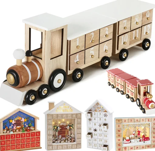 Clearance Reusable Wooden Advent Calendar to Fill - White Locomotive with 24 Doors - DIY Christmas Calendar 18.11 x 3.74 x 4.21 inches Advent Calendars