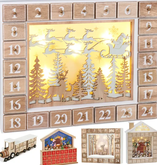 Clearance Reusable Wooden Advent Calendar to Fill - Flying Santa Claus with LED Lighting - DIY Christmas Calendar 13.98 x 2.36 x 10.63 inches Advent Calendars