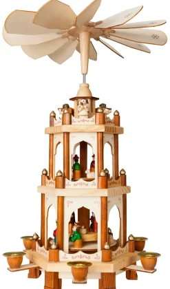 New Wooden Christmas Pyramid - 18 Inches - 3 Tier Carousel - Nativity Play - Designed in Germany Candle Holders