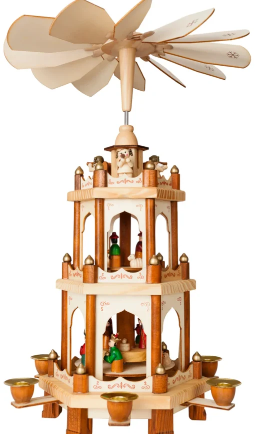 New Wooden Christmas Pyramid - 18 Inches - 3 Tier Carousel - Nativity Play - Designed in Germany Candle Holders