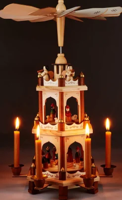 New Wooden Christmas Pyramid - 18 Inches - 3 Tier Carousel - Nativity Play - Designed in Germany Candle Holders
