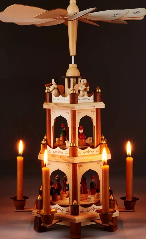 New Wooden Christmas Pyramid - 18 Inches - 3 Tier Carousel - Nativity Play - Designed in Germany Candle Holders