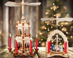 New Wooden Christmas Pyramid - 18 Inches - 3 Tier Carousel - Nativity Play - Designed in Germany Candle Holders