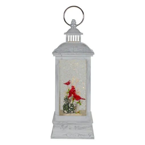 Brushed Christmas Cardinals Snow Globe Lantern - 11" - White and Silver Lanterns