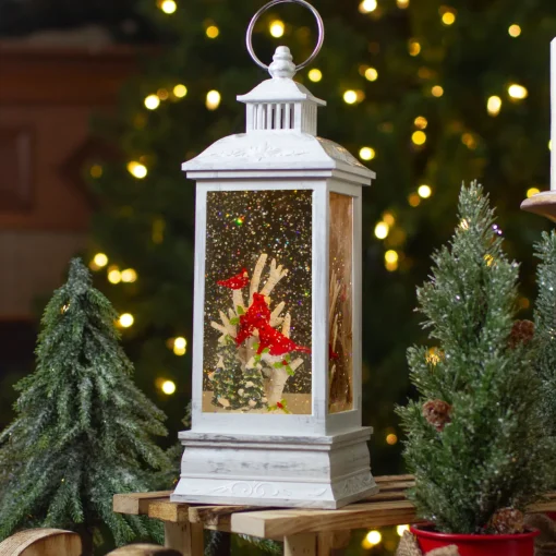 Brushed Christmas Cardinals Snow Globe Lantern - 11" - White and Silver Lanterns