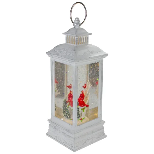 Brushed Christmas Cardinals Snow Globe Lantern - 11" - White and Silver Lanterns