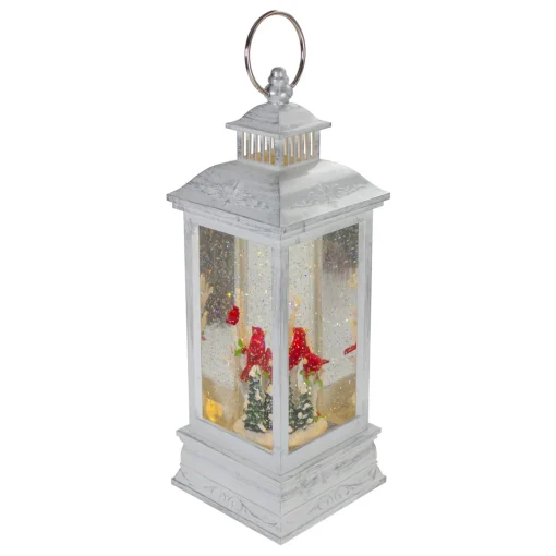 Brushed Christmas Cardinals Snow Globe Lantern - 11" - White and Silver Lanterns