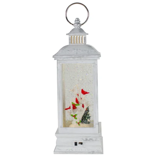 Brushed Christmas Cardinals Snow Globe Lantern - 11" - White and Silver Lanterns