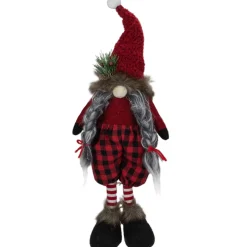 New Buffalo Plaid Girl Gnome with Pigtails Christmas Figure - 17" - Red and Black Gnomes