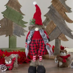New Buffalo Plaid Girl Gnome with Pigtails Christmas Figure - 17" - Red and Black Gnomes