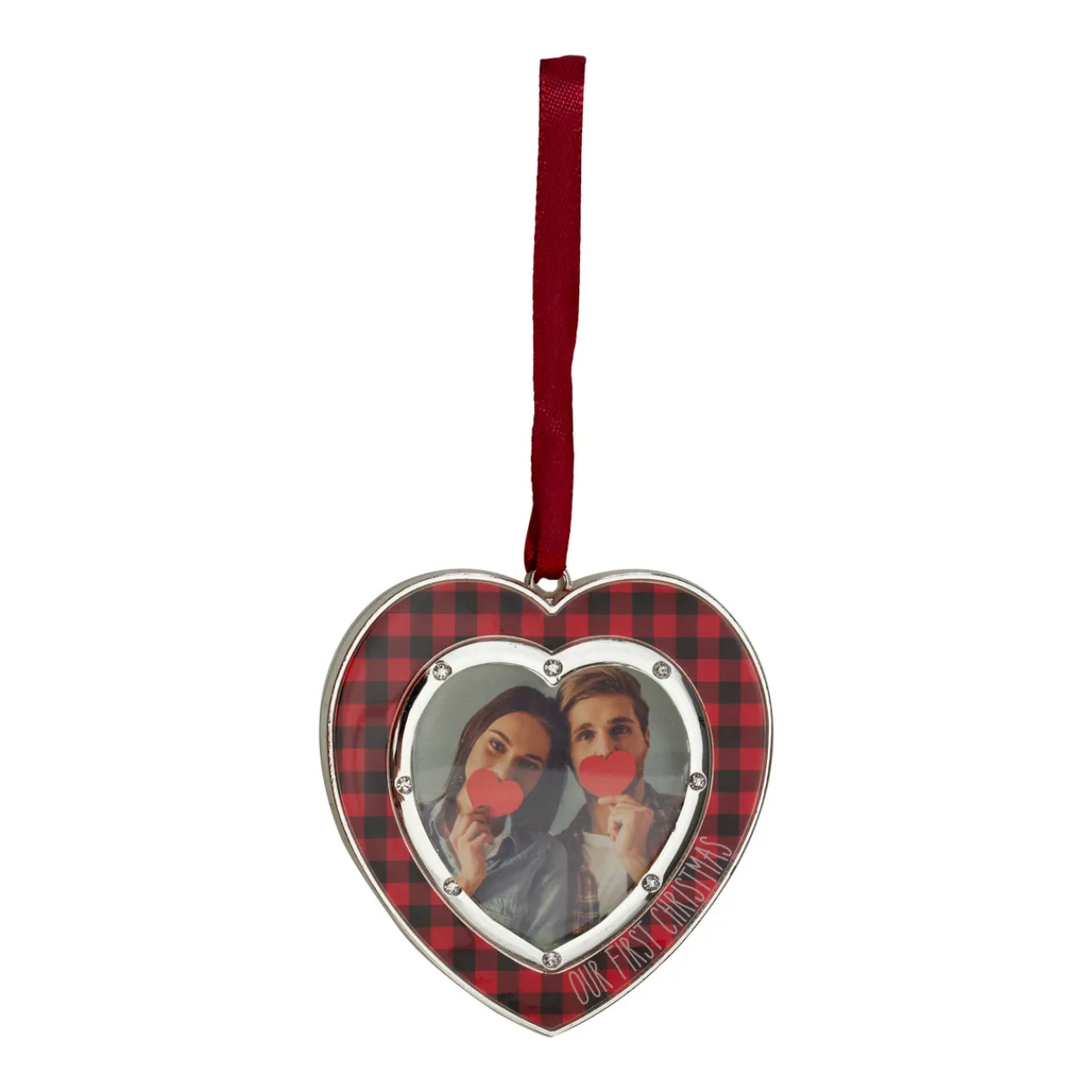 Best Buffalo Plaid Heart Shaped Picture Frame Christmas Ornament - 3" - Silver Finish Photo Frames