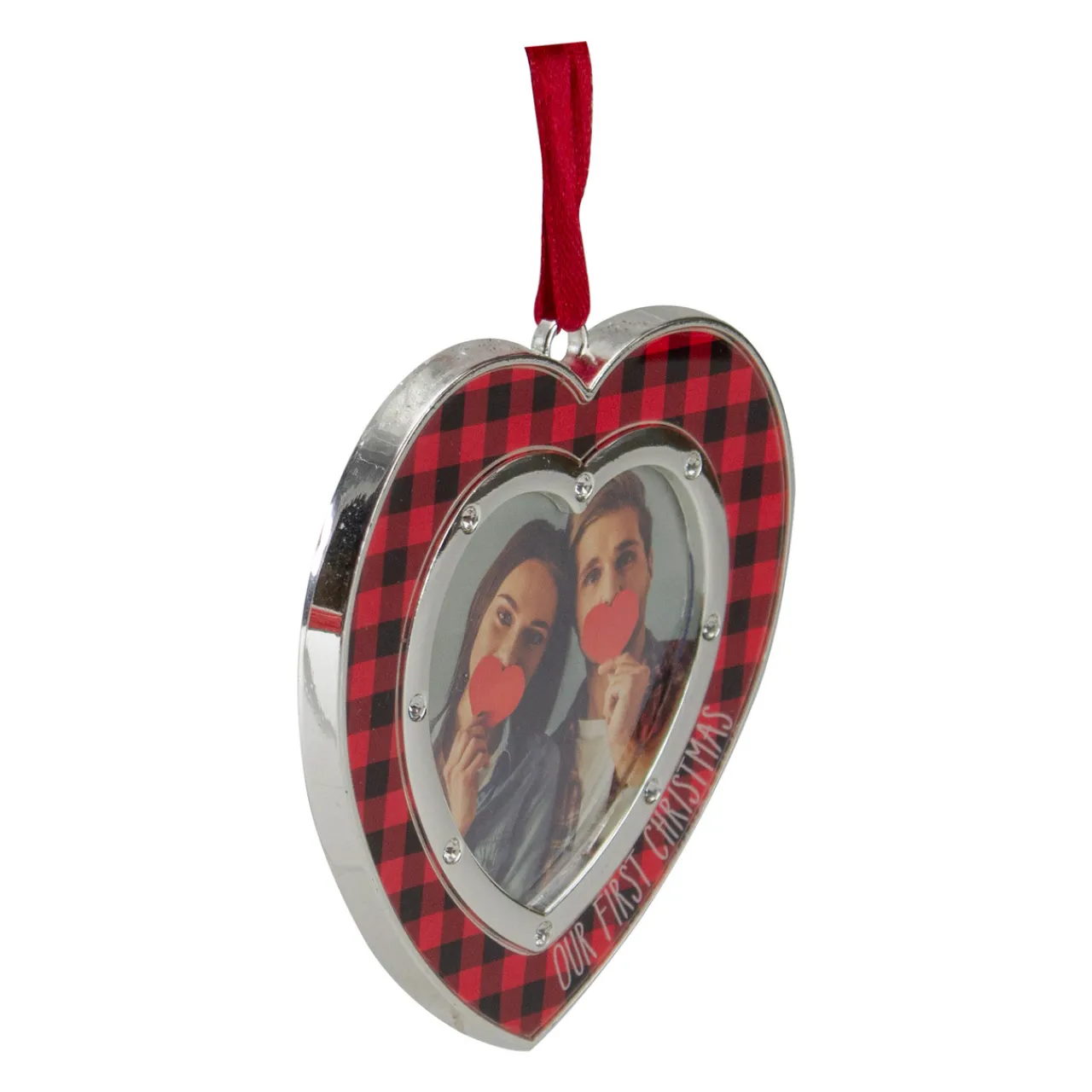 Best Buffalo Plaid Heart Shaped Picture Frame Christmas Ornament - 3" - Silver Finish Photo Frames