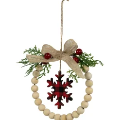 Online Buffalo Plaid Snowflake Wooden Beads Christmas Wreath Ornament - 7