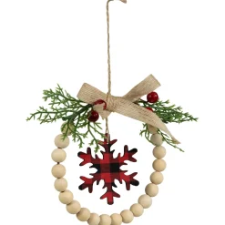 Online Buffalo Plaid Snowflake Wooden Beads Christmas Wreath Ornament - 7