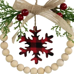 Online Buffalo Plaid Snowflake Wooden Beads Christmas Wreath Ornament - 7