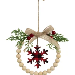 Online Buffalo Plaid Snowflake Wooden Beads Christmas Wreath Ornament - 7