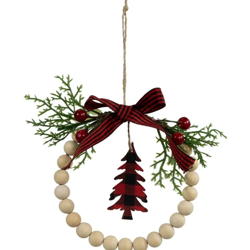 Best Buffalo Plaid Tree and Bow Wooden Beaded Christmas Wreath Ornament - 5.5" Garden & Floral