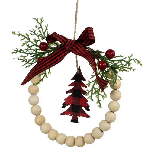 Best Buffalo Plaid Tree and Bow Wooden Beaded Christmas Wreath Ornament - 5.5" Garden & Floral