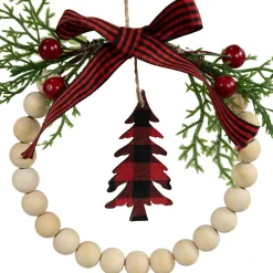 Best Buffalo Plaid Tree and Bow Wooden Beaded Christmas Wreath Ornament - 5.5