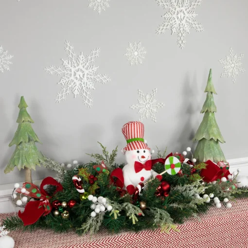 Hot Candy Cane Snowman and Ornaments Christmas Swag - 37.5" - Unlit Unlit Swags