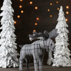 Online Checkered Moose with Striped Scarf Christmas Figure - 10" - Gray Animals