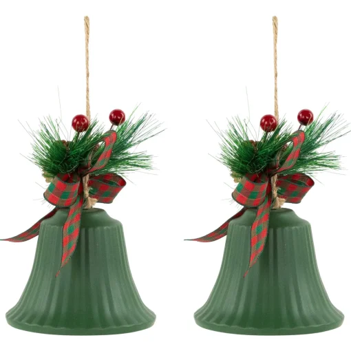 Outlet Christmas Bells with Pinecones and Plaid Bow Ornaments - 7" - Green - Set of 2 Finials|Pendants