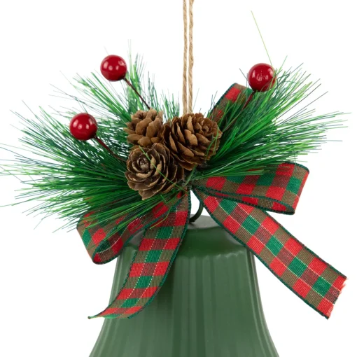 Outlet Christmas Bells with Pinecones and Plaid Bow Ornaments - 7" - Green - Set of 2 Finials|Pendants