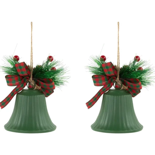 Outlet Christmas Bells with Pinecones and Plaid Bow Ornaments - 7" - Green - Set of 2 Finials|Pendants