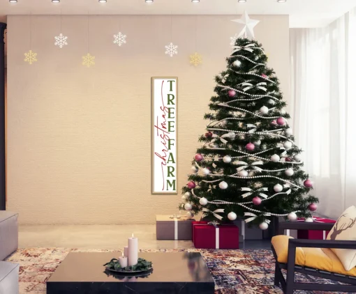Christmas Tree Farm Tall 10" x 43.5" Framed Christmas Wall Decor Art Print Sign Poster in a Natural Wooden Frame with UV Acrylic and Hangers Wall