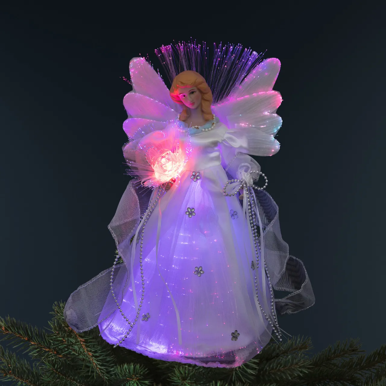 Color-changing Fiber Optic Angel with Rose Christmas Tree Topper - 12" - White Stars