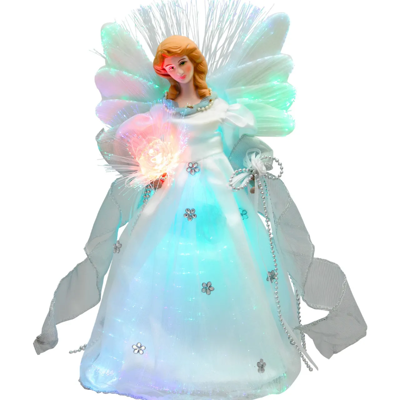 Color-changing Fiber Optic Angel with Rose Christmas Tree Topper - 12" - White Stars