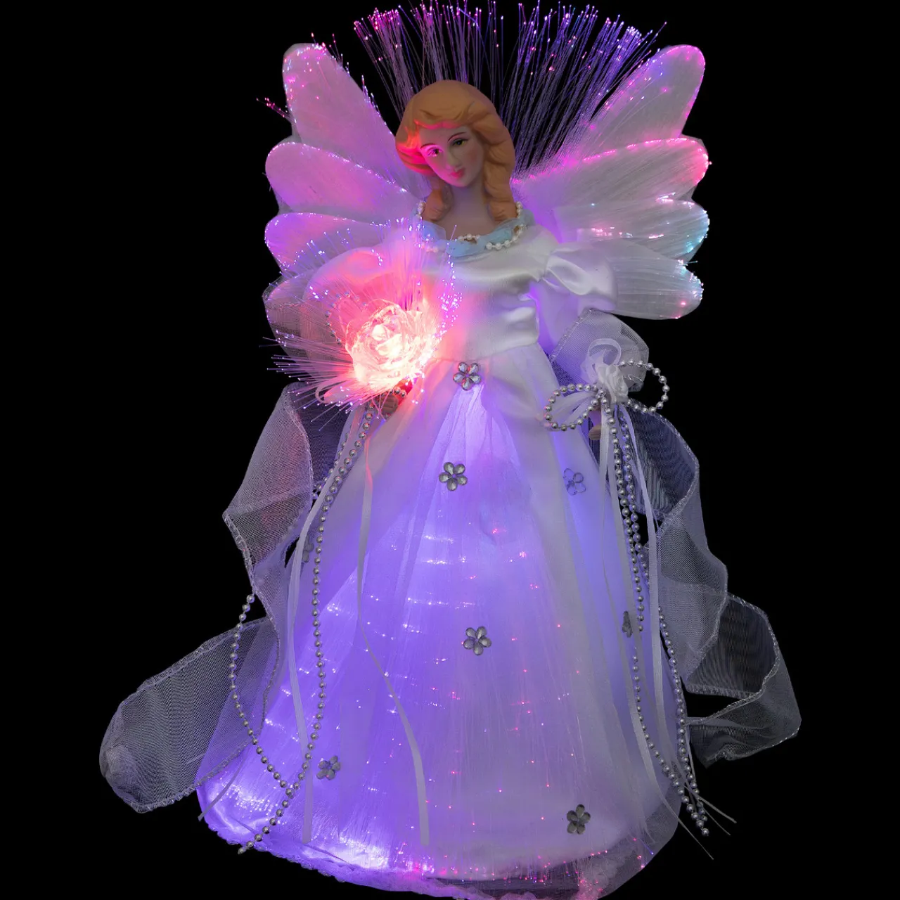 Color-changing Fiber Optic Angel with Rose Christmas Tree Topper - 12" - White Stars