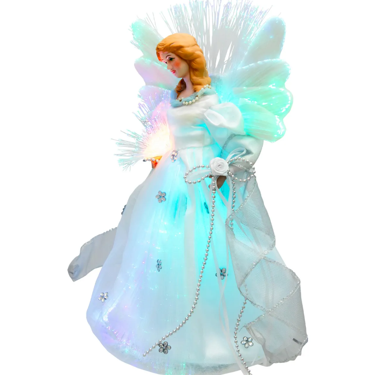 Color-changing Fiber Optic Angel with Rose Christmas Tree Topper - 12" - White Stars