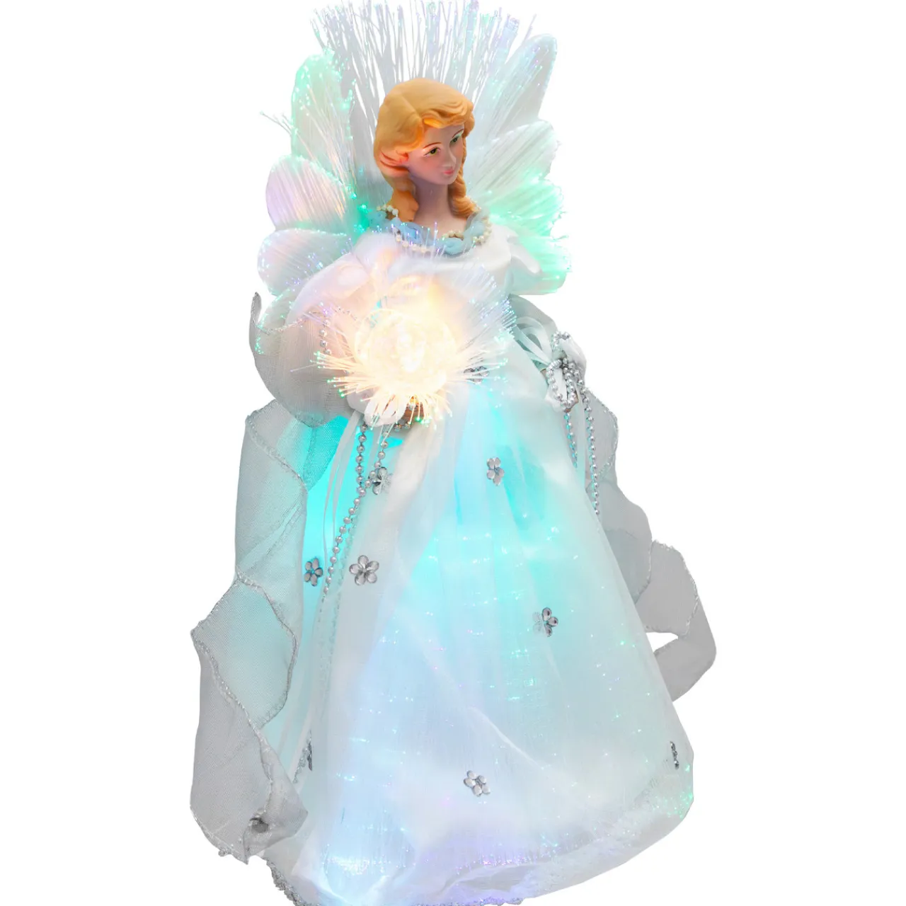 Color-changing Fiber Optic Angel with Rose Christmas Tree Topper - 12" - White Stars