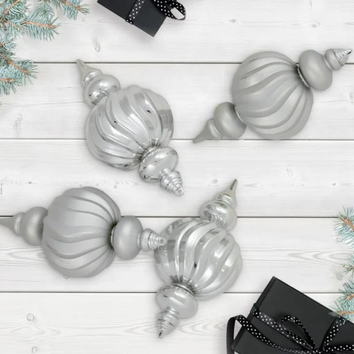 Sale Commercial Size Shatterproof 2-Finish Finial Christmas Ornaments - Silver -10" - 4ct Commercial