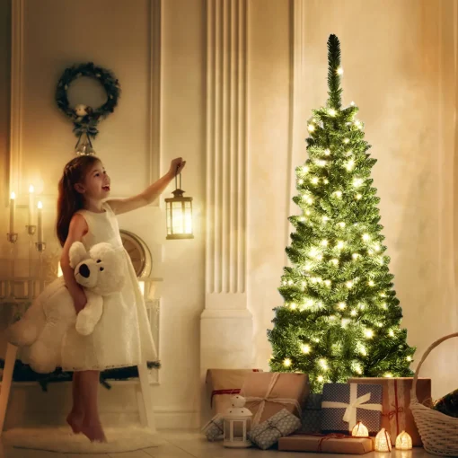 Discount 4.5ft Pre-Lit Hinged Pencil Christmas Tree 150 White Lights Pre-Lit