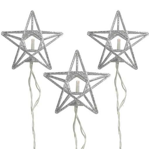 Sale 10-Count Battery Operated Warm Clear Sparkling Glittered Star Christmas Light set, 6.6ft Silver Wire Battery Operated