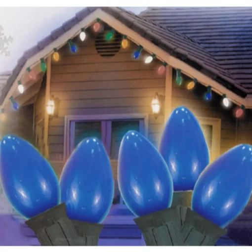 Hot 25-Count Blue C7 Opaque Christmas Light Set, 24ft Green Wire C7 & C9 Lights