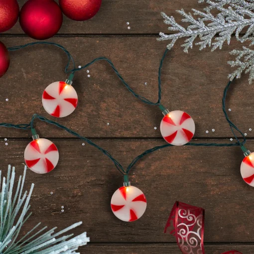 Clearance 10-Count Peppermint Shaped Christmas Light Set, 6ft Green Wire Novelty