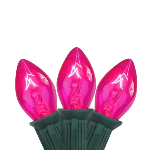 New 25-Count Pink C7 Christmas Light Set, 24ft Green Wire C7 & C9 Lights