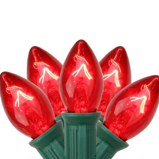 Clearance 25-Count Red C7 Transparent Christmas Light Set, 24ft Green Wire C7 & C9 Lights