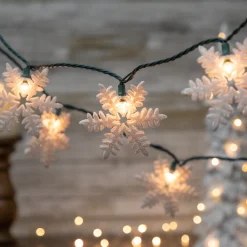 Hot 10-Count White Glittered Snowflake Christmas Light Set, 6ft Green Wire Novelty
