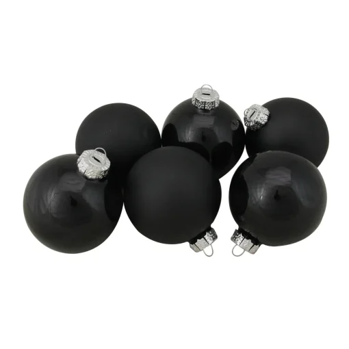 6ct Black Glass 2-Finish Christmas Ball Ornaments 3.25" (80mm) Glass|Ball Ornaments